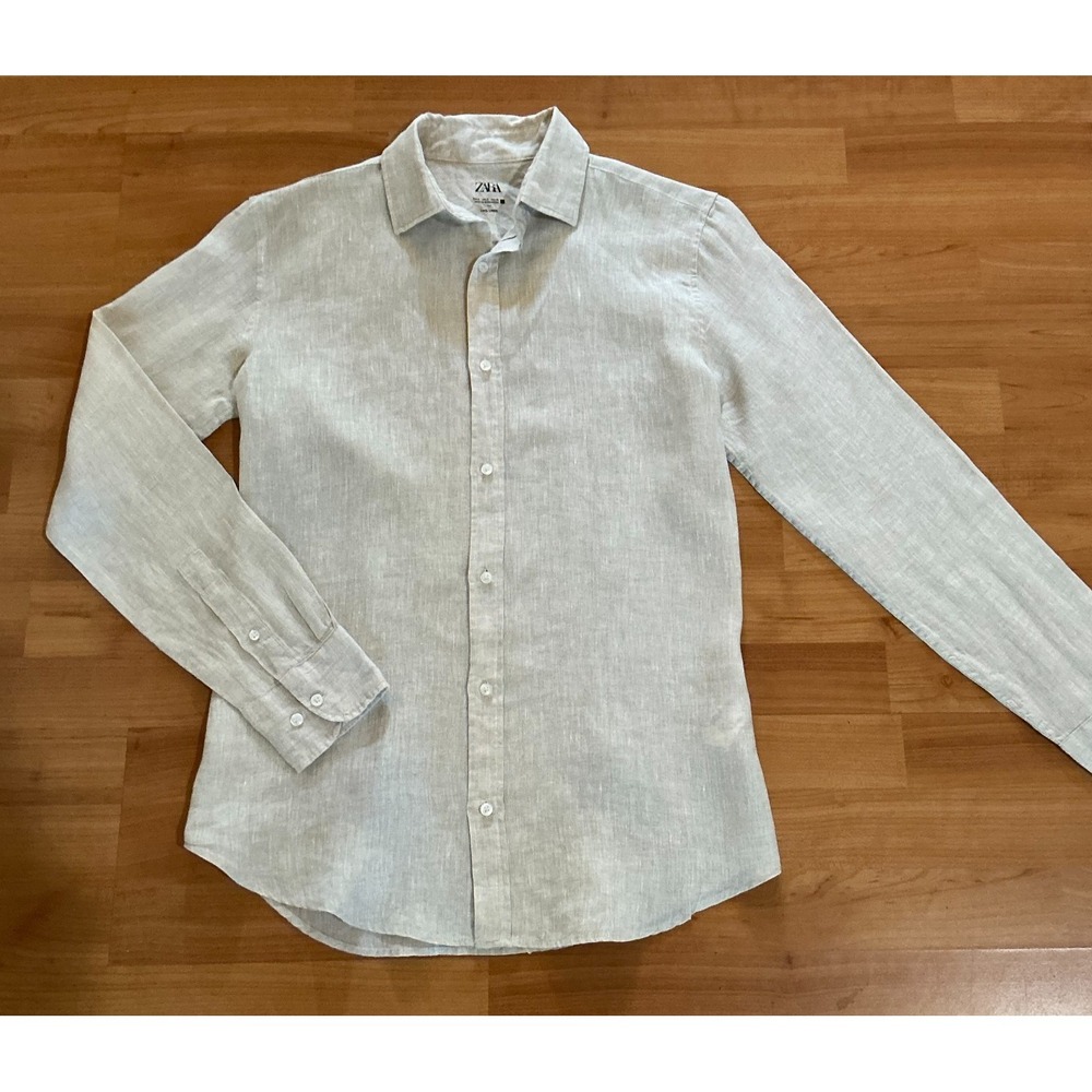 Zara 100% Linen Shirt Mens Small Cream Long Sleeve Button Up Lightweight